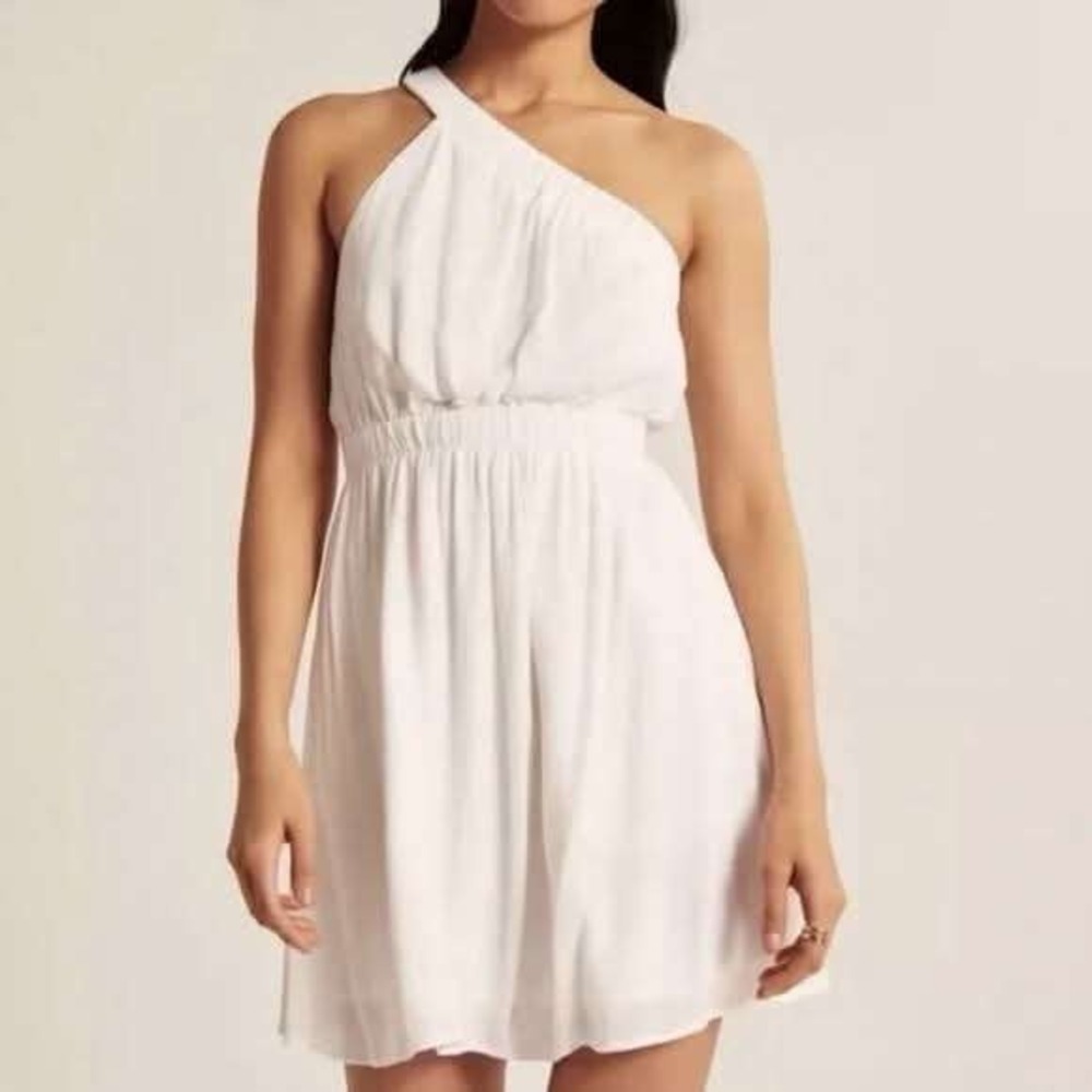 Abercrombie Mini Dress Women Small Tall White One Shoulder Smocked Waist Viscose